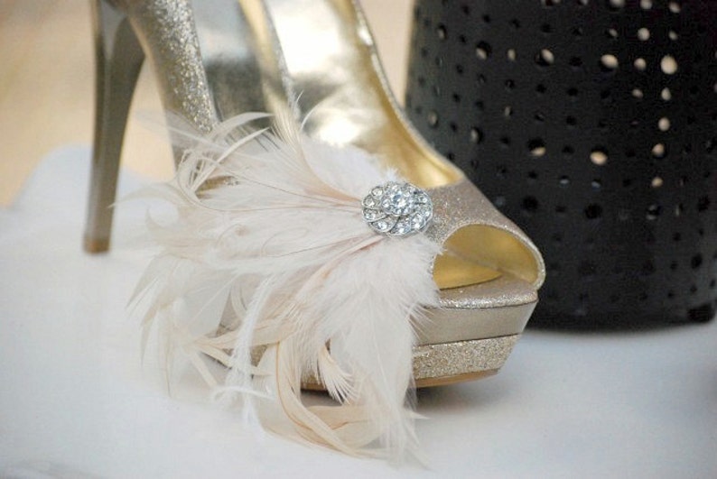 Shoe Clips Champagne Ivory Rosette & Black Feathers. Bride Etsy