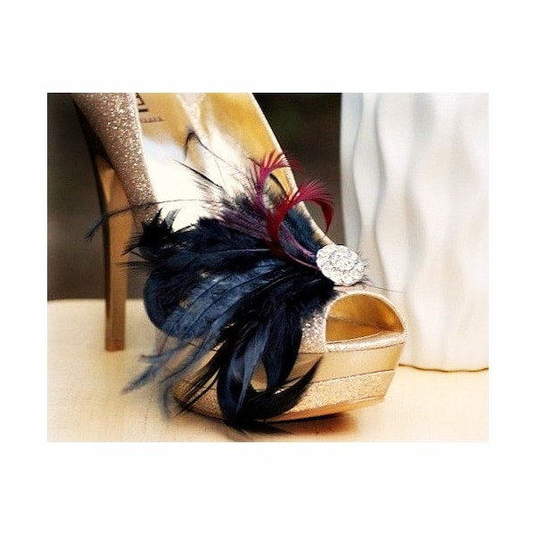 Shoe Clips Black Feathers Rhinestone. French Chic Bride Bridal Bridesmaid Couture Wedding. Lush Noir Extravagant Statement Boudoir Burlesque