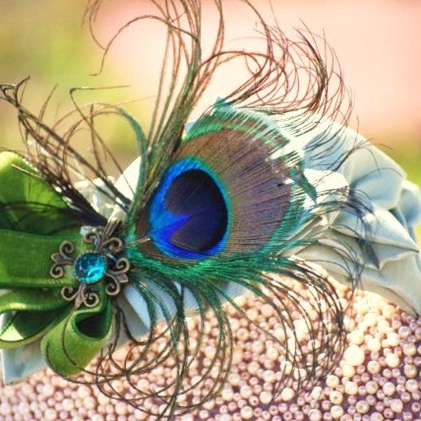 Peacock Feather Headband / Head Piece. Pfau Paon Pavo Plume. Feminine Wedding Couture, Baby Children. Olive Green Sage Celadon Teal Metallic