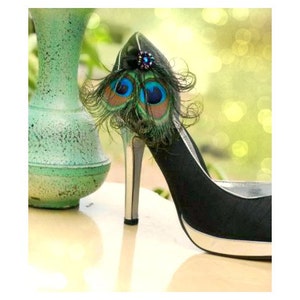 Shoe Clips Iridescent Peacock & Black Bow. Spring Wedding Sophisticated Bride Bridesmaid Bridal Gift Idea, Burlesque Boudoir, Turquoise Aqua image 1
