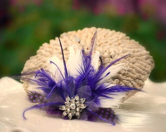 Hair Comb or Clip Royal Purple & Ivory / Black / White / Feathers Rhinestone. Bride Bridal Burlesque Couture Glitz, Winter Pantone Statement