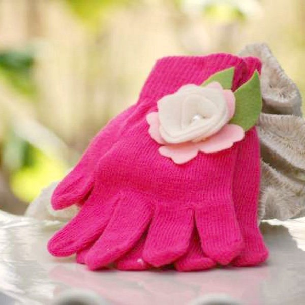 Fuschia Knitted Gloves Pink Flower Lime Green Leaves Ivory Pearl. Warm Hands, Bright Happy Fun Colorful Birthday, Toddler Preteen Girly Gift