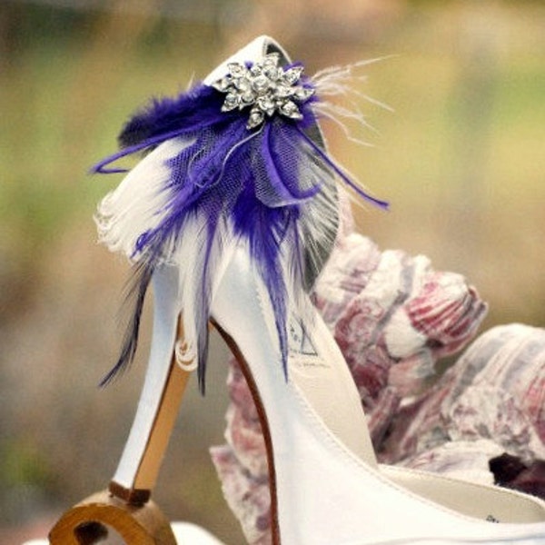 Shoe Clips Ivory Royal Purple Feathers & Rhinestone. Bridal Bridesmaid Statement. Boudoir Burlesque. Sparkle Crystals Blue Kelly Green White