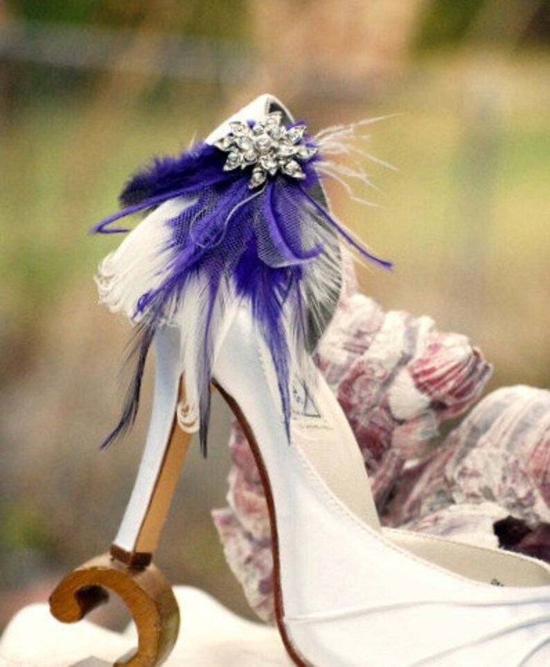 Wedding Shoe Clips Ivory & Royal Purple Feathers Rhinestone. Bride Bridal Bridesmaid, Couture Statement. Boudoir Burlesque. Sparkly Crystals image 3