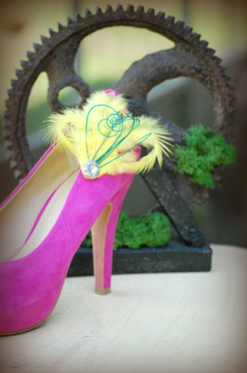Shoe Clips Yellow Turquoise Feathers & Silver Rhinestone Gem. Etsy