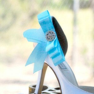 Aqua Blue & Sparkly Bow Shoe Clips. Wedding Photo Prop, Burlesque Boudoir, Couture Custom Made Colors White Tangerine Ivory Yellow Teal Pink image 2