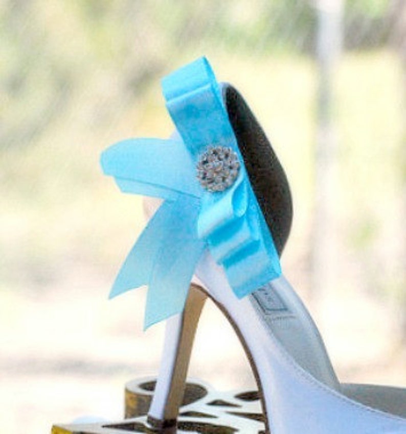 Aqua Blue & Sparkly Bow Shoe Clips. Wedding Photo Prop, Burlesque Boudoir, Couture Custom Made Colors White Tangerine Ivory Yellow Teal Pink image 2