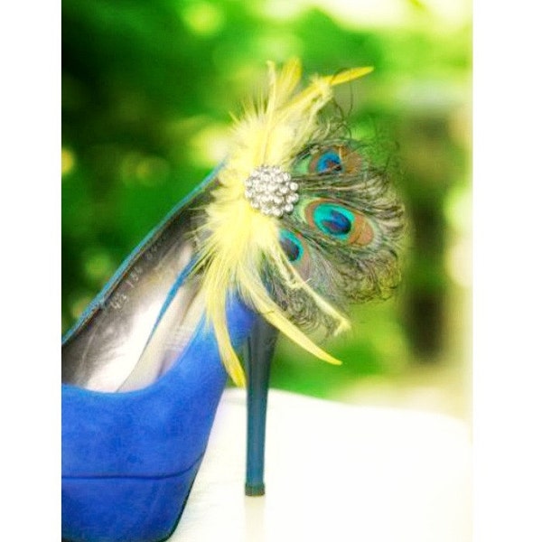 Wedding Shoe Clips Yellow & Peacock Fan. Bride Bridal Bridesmaid, Spring Birthday Gift Glamour Large Rhinestone, Statement Couture Metallic