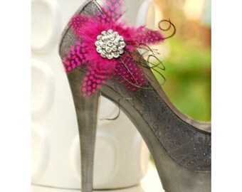 Fuschia Guinea Feathers Shoe Clips Flower & Rhinestone Crystals, Couture Bridal Bride Bridesmaid, Breast Cancer Awareness, Baby Shower Wear