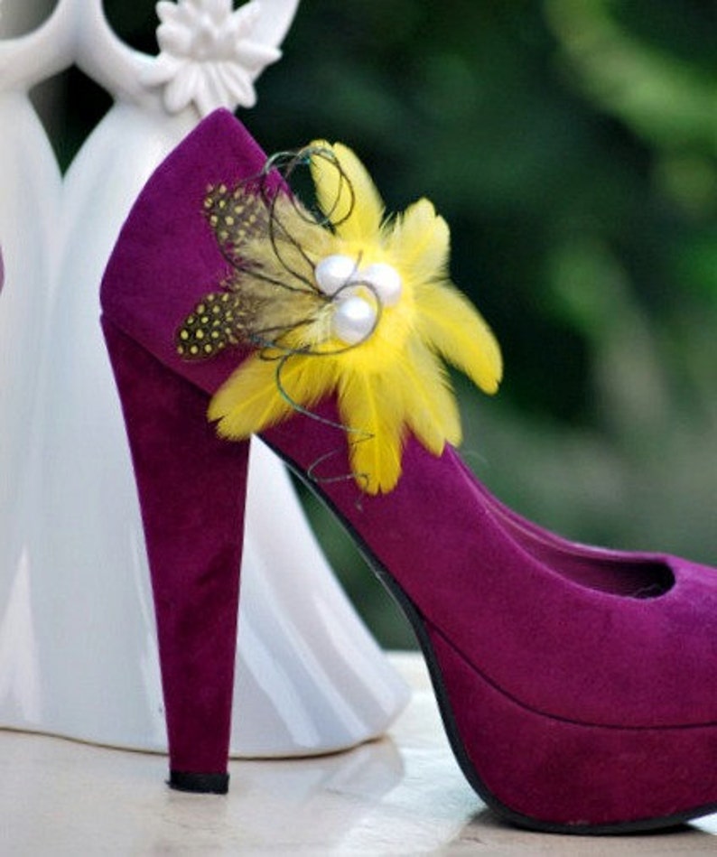 Wedding Shoe Clips. Yellow Flower & Guinea Feather Pearls. Etsy