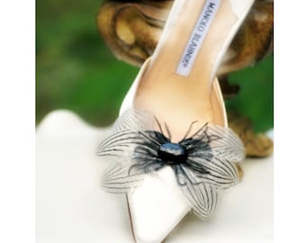 Black White Stripes Shoe Clips Bow & Oval Gem. Couture Statement Bridal Bride Bridesmaid, Gossip Girl Spring, Elegant Boudoir, Birthday Gift