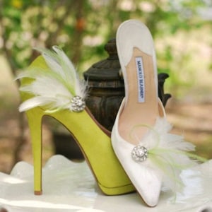 Shoe Clips Lime Green & Ivory / White / Black Feathers Rhinestone. Bride Bridal Bridesmaid MOH, Lush Chic Edgy Birthday, Statement Feminine image 1