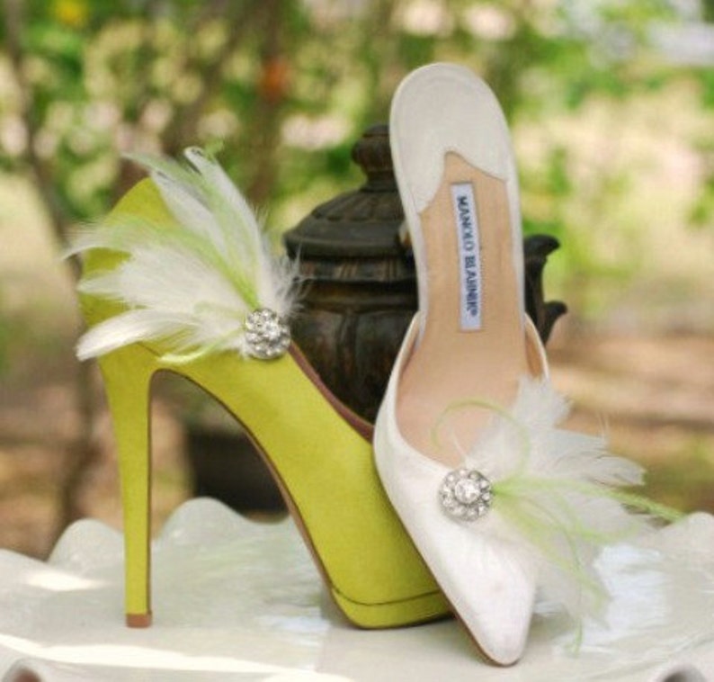 Shoe Clips Lime Green & Ivory / White / Black Feathers Rhinestone. Bride Bridal Bridesmaid MOH, Lush Chic Edgy Birthday, Statement Feminine image 1