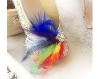 Shoe Clips RAINBOW / Ivory / White / Black / Blue Feathers Rhinestone. Bride Bridal Couture. Bright Fun Happy Chic  Bold, Cocktail Burlesque