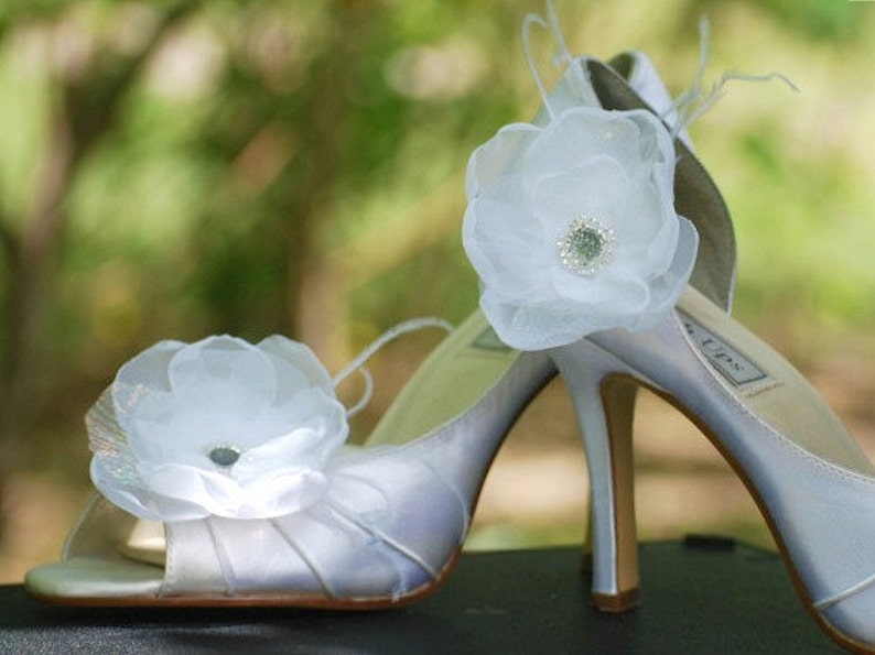 Wedding White or Ivory & Opal Organza Flower Shoe Clips. Bride bridal couture, elegant trendy gift idea, fabulous rockabilly dainty feminine image 1