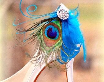 Shoe Clips Peacock & Turquoise Feathers. Couture Bride Bridal Bridesmaid, Statement Egagement Party. Vibrant Deep Dark Blue Green Teal Ocean