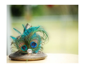 Wedding Peacock Sword Teal Rooster Feathers & Rhinestone Gem. Comb / Clip / Brooch Pin for Clutch / Bag. Bride Bridal Bridesmaid Fascinator