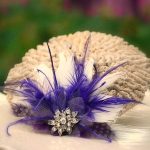 Wedding Shoe Clips Ivory & Royal Purple Feathers Rhinestone. Bride Bridal Bridesmaid, Couture Statement. Boudoir Burlesque. Sparkly Crystals image 5