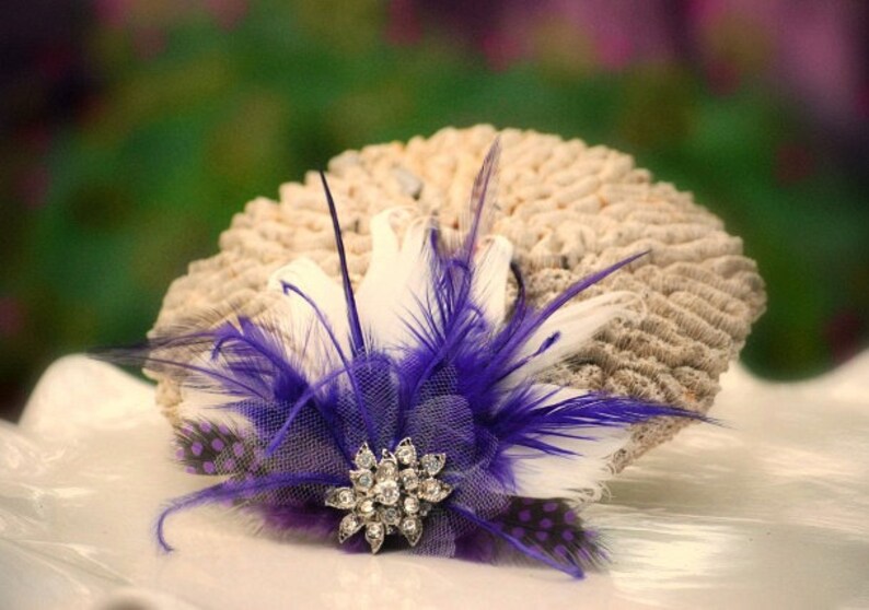 Wedding Shoe Clips Ivory & Royal Purple Feathers Rhinestone. Bride Bridal Bridesmaid, Couture Statement. Boudoir Burlesque. Sparkly Crystals image 5