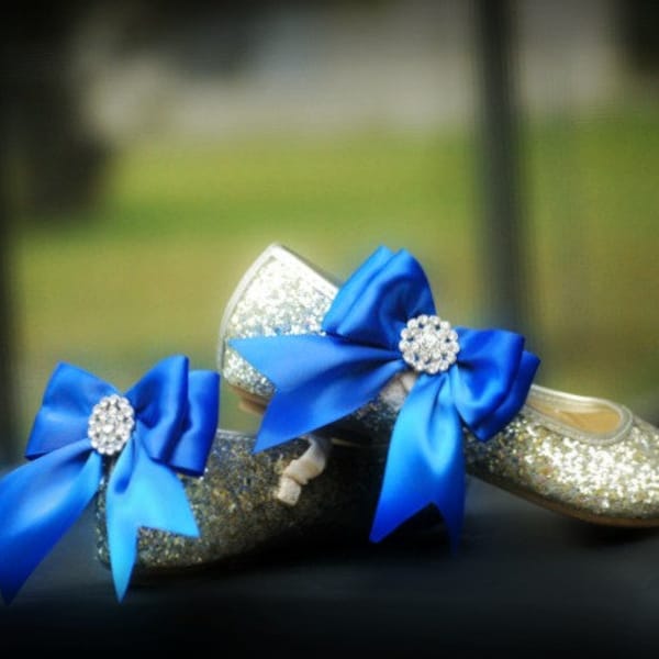 Bridal Shoe Clips. Sparkly Royal Blue / White Bow. Rhinestone & Satin Ribbon. Wedding Bride Clip. More Teal Sage Pink Red Black Ivory Purple