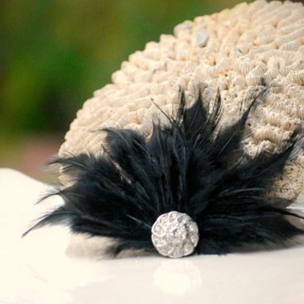 Hair Comb or Clip BLACK / White / Ivory / Blue Feathers Rhinestone. Bride Bridal Couture Pin, Ebony Noir Summer Birthday Statement Burlesque