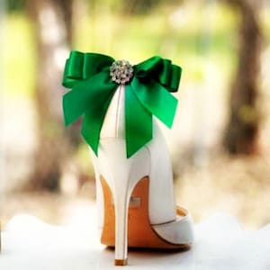 Shoe Clips Bow Kelly Green Emerald. Yellow Tangerine Orange Blue Purple Bright Satin Ribbon. White Ivory Pearl / Rhinestone. St Patricks Day