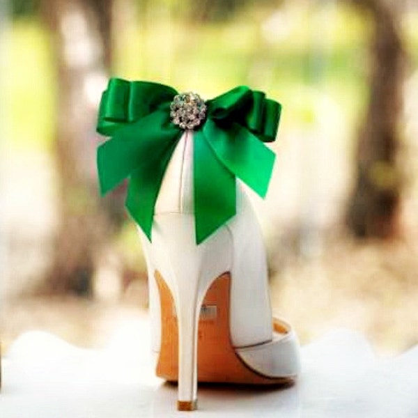 Shoe Clips Bow Kelly Green Emerald. Yellow Tangerine Orange Blue Purple Bright Satin Ribbon. White Ivory Pearl / Rhinestone. St Patricks Day