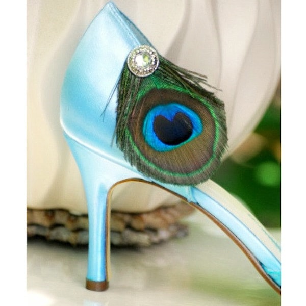 Sparkly Iridescent Peacock Shoe Clips. Statement Stylish Feminine Couture, Teal Green Aqua Blue, Elegant Burlesque Closet, Bride Bridal Gift