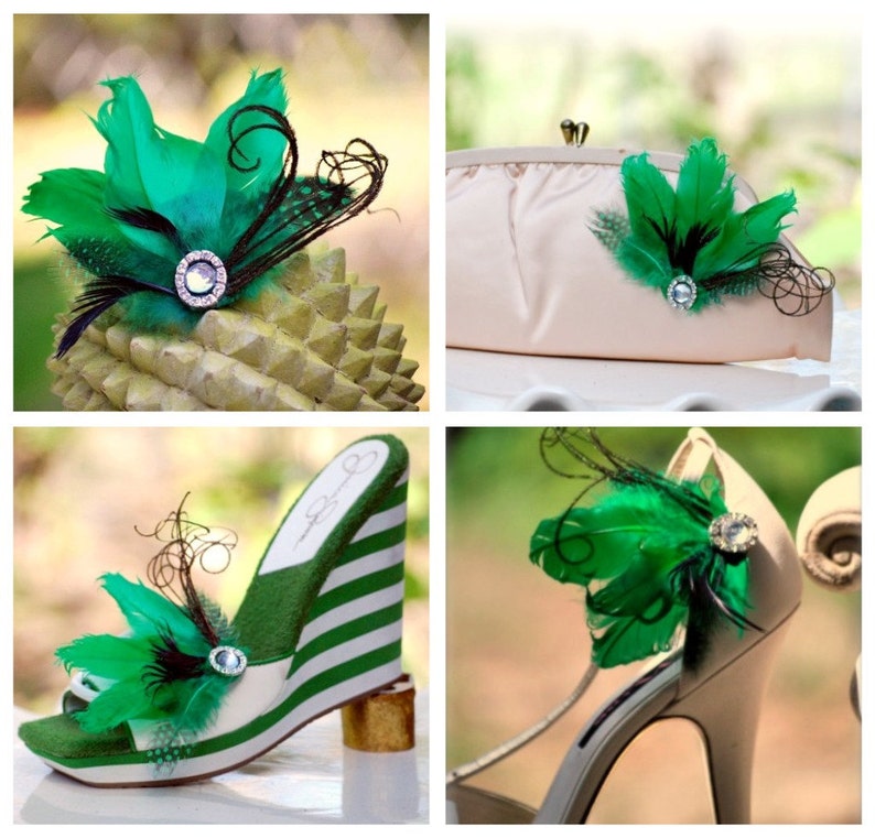 Shoe Clips Kelly Green Black Wedding. Mixed Feathers Shoe Clip. Wedding Bridal Bride Bridesmaid Gift, Saint St Patrick Patty Lucky Big Day image 3