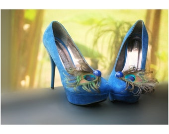 Peacock  & Royal Blue Shoe Clips. Statement Wedding. Stylish Chic Feminine Feather, Peridot Teal Green Aqua, Bridesmaid  Bridal Bride Gift