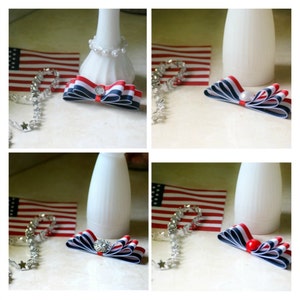 4th of July Shoe Clips. Nautical Bow. Sailor Navy Red White, 4 Independence Day Rockabilly Couture Bridesmaid Bridal, Statement Stripes Gift image 4