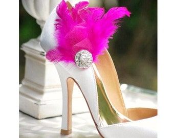 Shoe Clips Fuschia / Ivory / White / Black / Blue Feathers & Rhinestone. Bride Bridal Couture. Bright Fun Chic Edgy Bold, Cocktail Burlesque