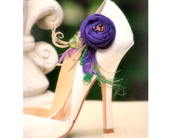 Purple & Green Feathers Shoe Clips. Statement Fashion, Handmade Couture Bride Bridesmaids. Tan Teal Orange Tangerine, Formal Party Shoe Clip