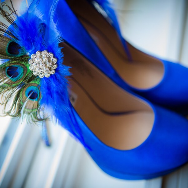 Wedding Shoe Clips Royal Blue & Peacock Fan. Bride Bridal Bridesmaid, Birthday Glamour, Feminine Large Rhinestone, Statement Teal Metallic