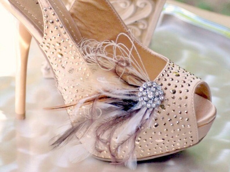 Shoe Clips Ivory Peacock Brown Feathers & Rhinestone Pin. Etsy 日本