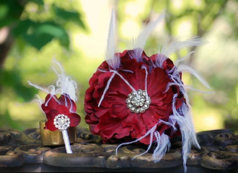 Wedding Boutonniere Pin Red & Black / Aubergine Purple / Amethyst Rhinestone Crystal or White / Ivory Pearls. Manly Groom Groomsmen Bridal image 3