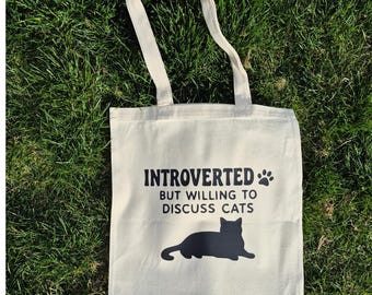 Funny Introvert Cat Tote Bag | Introverted But Willing to Discuss Cats | Cat Lover Canvas Tote | Cat Mom Gift | Reusable Tote Bag