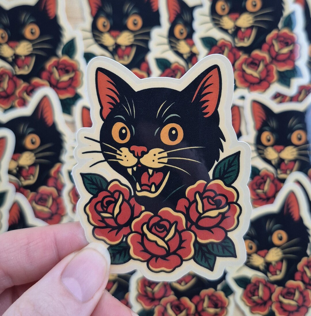Traditional Black Cat Sticker | Tattoo Style Cat Vinyl Sticker | Gothic ...