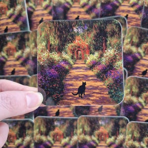 Monet Garden Cat Sticker – Impressionist Art Parody Vinyl Decal, Black Cat Lover Gift, Laptop & Water Bottle Sticker