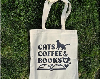 Bolso de tela con diseño de gatos, café y libros / Regalo ideal para amantes de los libros y mamás de gatos / Bolso de lona acogedor para lectores / Bolso de tela para amantes de los gatos y los libros / Bolso reutilizable para libros