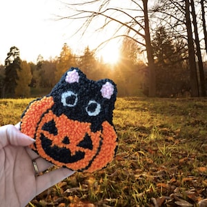 May include: A handmade Halloween-themed decoration featuring a black cat head atop an orange pumpkin. The cat has white eyes and pink ears. The pumpkin has a carved jack-o'-lantern face. The item is held in front of a blurred autumn background.