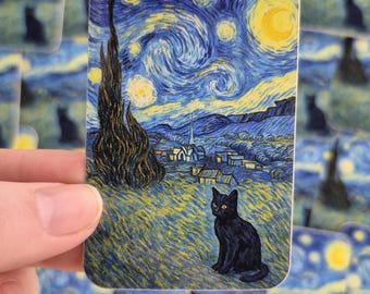 Starry Night Cat Sticker – Van Gogh Inspired Art Parody Vinyl Decal, Black Cat Lover Gift, Laptop & Water Bottle Sticker
