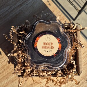 May include: A black wax melt in a clear plastic container, labeled "Wicked Whiskers." The container sits in a small cardboard box filled with brown crinkle paper. The label is circular with orange and brown accents.