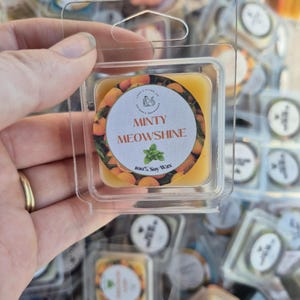 May include: A clear plastic package containing a yellow wax melt with a circular label. The label reads "Minty Meowshine" with orange and green accents. The wax melt is made of 100% soy wax. Other similar packages are visible in the background.