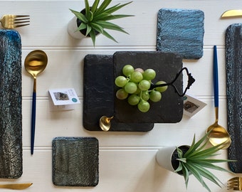 Handcrafted Ocean Wave Slate Tableware Set: Placemats, Coasters & Trivets