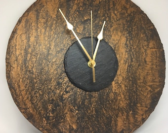 Bronze Slate Wall Clock, 30cm Silent Clock, Handmade Natural Slate Clock, Unique Housewarming Gift, Rustic Home Décor