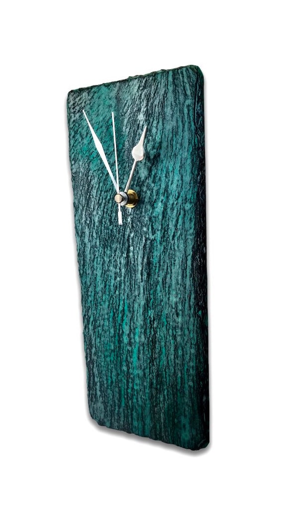 Verdigris green slate clock -                     Size 30x12 cms - silent mechanism