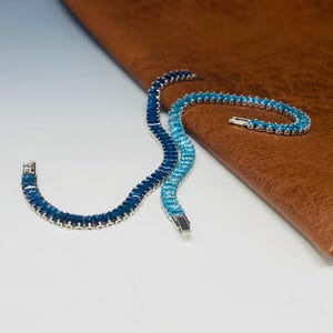 Blue Cubic Zirconia Tennis Bracelet, Vertical Baguette, Hypoallergenic, Stackable Bracelet for Her