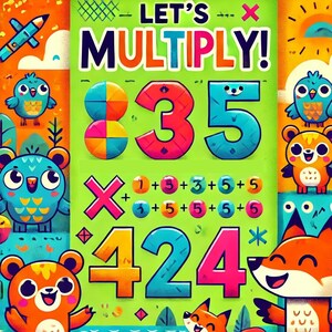 Può includere: Un'illustrazione colorata di un problema di moltiplicazione con i numeri 835 x 424. I numeri sono circondati da animali dei cartoni animati e uno sfondo verde con il testo "LET'S MULTIPLY!" in alto.
