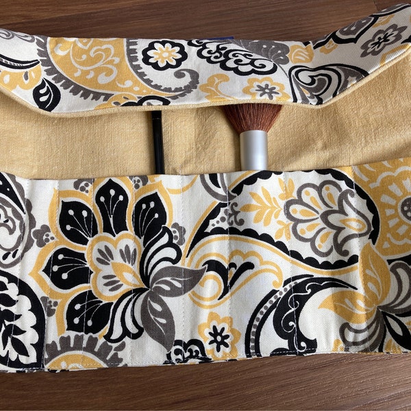 Yellow Gray Floral Makeup Brush Roll, Travel Makeup Brush Bag, Unique Gifts, Brush Organizer, Gift for women